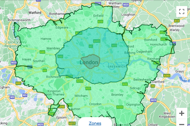 A map showing the proposed ULEZ expansion. Credit: TfL/Google