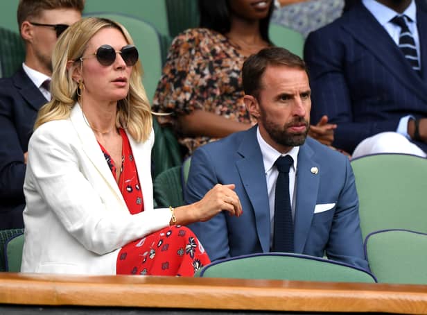<p>Gareth Southgate and his wife Alison Southgate are seen in the Royal Box during Day six of The Championships - Wimbledon 2019 at All England Lawn Tennis and Croquet Club on July 06, 2019 in London, England. (Photo by Matthias Hangst/Getty Images)</p>