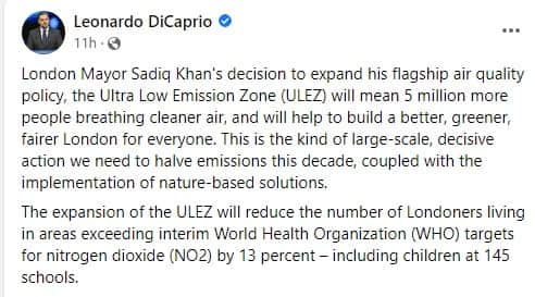 Leonardo DiCaprio shared support for the ULEZ expansion in a Facebook post.
