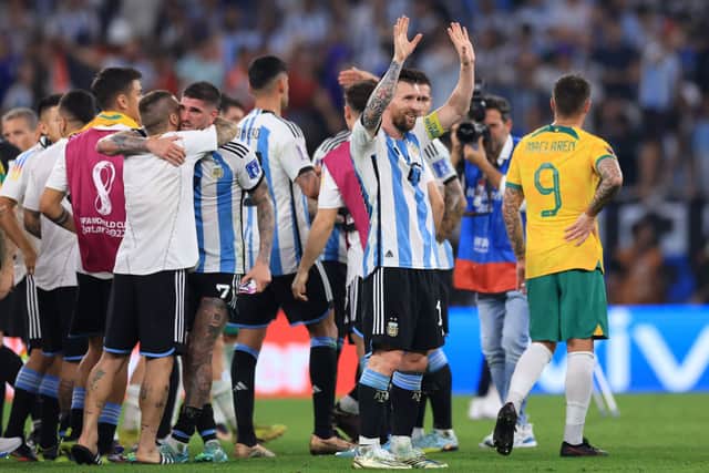  Lionel Messi of Argentina celebrates after the team’s victory during the FIFA World Cup Qatar 2022  (Photo by Buda Mendes/Getty Images)