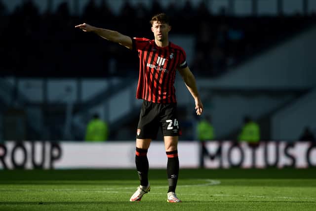 Gary Cahill of AFC Bournemouth  reacts during the Sky Bet Championship match between Derby County and AFC Bournemouth at Pride Park Stadium on November 21, 2021 in Derby, England. (Photo by Nathan Stirk/Getty Images)