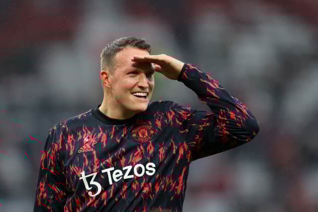  Phil Jones of Manchester United ahead of the Premier League match between Manchester United and Brentford at Old Trafford on May 02, 2022 in Manchester, England. (Photo by Catherine Ivill/Getty Images)