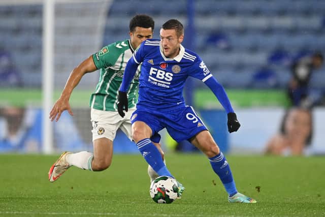 Jamie Vardy of Leicester City battles for possession with Priestley Farquharson of Newport County during the Carabao Cup Third Round match between Leicester City and Newport County at The King Power Stadium on November 08, 2022 in Leicester, England. (Photo by Michael Regan/Getty Images)