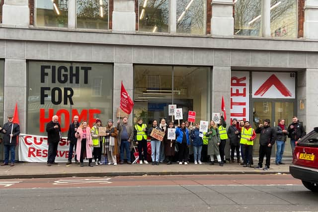 Shelter staff at the picket line outside the Old Street headquarters. Credit: Unite at Shelter