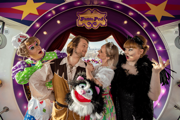 The cast of Dick Whittington at the Christmas ‘Panto Pod’ at the London Eye