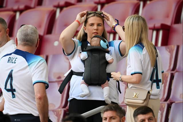Lauren Fryer, girlfriend of Declan Rice of England, looks on from the stands prior to the FIFA World Cup Qatar 2022 match between England and Iran - at Khalifa International Stadium, on November 21, 2022 in Doha, Qatar. (Photo by Matthias Hangst/Getty Images)