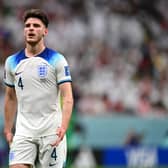 Declan Rice of England looks on during the FIFA World Cup Qatar 2022 Round of 16 match between England and Senegal at Al Bayt Stadium on December 04, 2022 in Al Khor, Qatar. (Photo by Dan Mullan/Getty Images)