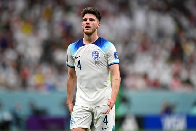 Declan Rice of England looks on during the FIFA World Cup Qatar 2022 Round of 16 match between England and Senegal at Al Bayt Stadium on December 04, 2022 in Al Khor, Qatar. (Photo by Dan Mullan/Getty Images)