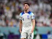 Declan Rice of England looks on during the FIFA World Cup Qatar 2022 Round of 16 match between England and Senegal at Al Bayt Stadium on December 04, 2022 in Al Khor, Qatar. (Photo by Dan Mullan/Getty Images)