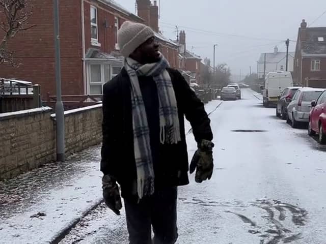 A man was left giddy with excitement and emotional after seeing snow for the first time ever. Photo: Jaima Bako/ SWNS