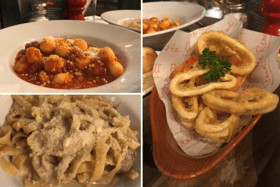 Clockwise from top left, pork sausage ragu gnocchi, fritto misto, and creamy mushroom tagliatelle. Photo: LondonWorld