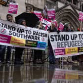 Campaigners against the Rwanda policy outside the Royal Courts of Justice
