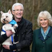 Camilla, Duchess of Cornwall, patron of Battersea Dogs and Cats Home and Battersea Ambassador Paul OâGrady on a brief woodland walk with a rescue dog which is yet to be re-homed, during her visit to Battersea Brand Hatch Centre on February 2, 2022 in Ash, England. (Photo by Stuart C. Wilson - WPA Pool/Getty Images)