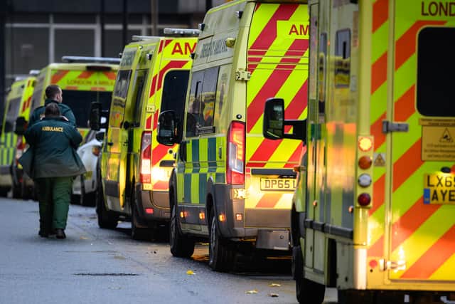 A queue of ambulances are seen outside the Royal London Hospital emergency department on November 24, 2022. That week, nearly three in 10 ambulances were queuing outside hospitals in England.
