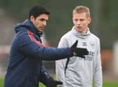 Arsenal manager Mikel Arteta with Oleksandr Zinchenko during a training session at London Colney  (Photo by Stuart MacFarlane/Arsenal FC via Getty Images)