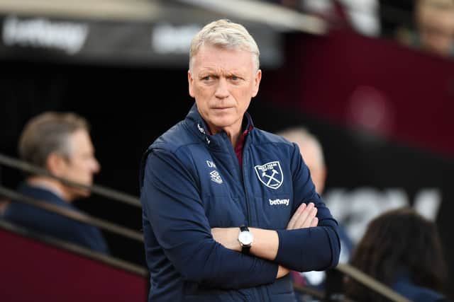 David Moyes, Manager of West Ham United looks on prior to the Premier League match between West Ham United and Leicester City at London Stadium