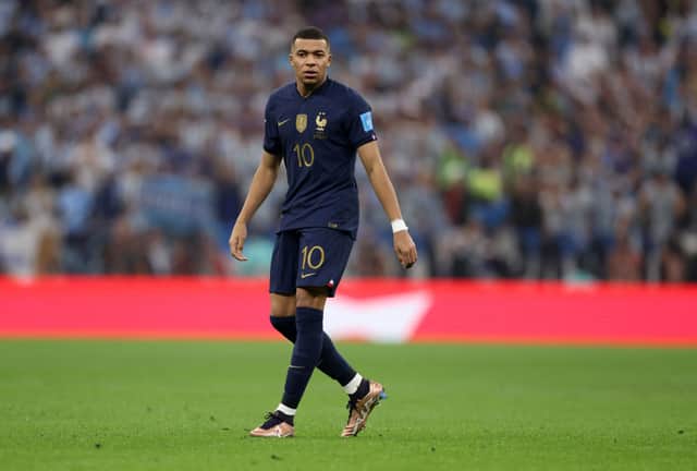 Kylian Mbappe of France during the FIFA World Cup Qatar 2022 Final match between Argentina and France (Photo by Catherine Ivill/Getty Images)