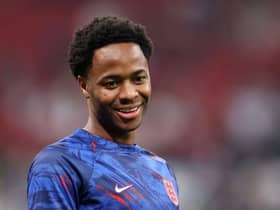 Raheem Sterling of England reacts prior to the FIFA World Cup Qatar 2022 quarter final match between England and France (Photo by Elsa/Getty Images)
