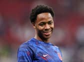 Raheem Sterling of England reacts prior to the FIFA World Cup Qatar 2022 quarter final match between England and France (Photo by Elsa/Getty Images)