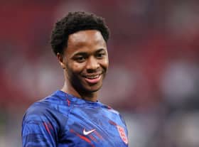 Raheem Sterling of England reacts prior to the FIFA World Cup Qatar 2022 quarter final match between England and France (Photo by Elsa/Getty Images)