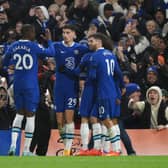  Kai Havertz of Chelsea celebrates after scoring their side's first goal with Denis Zakaria and Christian Pulisic during the Premier League match