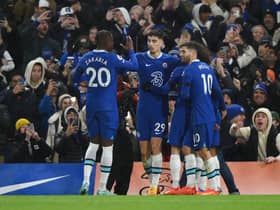  Kai Havertz of Chelsea celebrates after scoring their side's first goal with Denis Zakaria and Christian Pulisic during the Premier League match