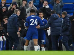 Reece James of Chelsea is replaced by team mate Cesar Azpilicueta after picking up an injury during the Premier League match  (Photo by Justin Setterfield/Getty Images)