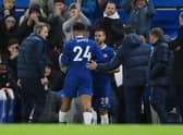 Reece James of Chelsea is replaced by team mate Cesar Azpilicueta after picking up an injury during the Premier League match  (Photo by Justin Setterfield/Getty Images)