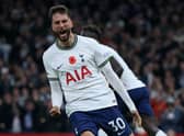Tottenham Hotspur's Uruguayan midfielder Rodrigo Bentancur celebrates scoring his team's third goal during the English Premier League football match 