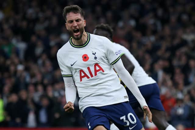 Tottenham Hotspur's Uruguayan midfielder Rodrigo Bentancur celebrates scoring his team's third goal during the English Premier League football match 