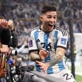 Enzo Fernandez of Argentina celebrates the team’s third goal scored by Lionel Messi during the FIFA World Cup Qatar 2022  (Photo by Julian Finney/Getty Images)