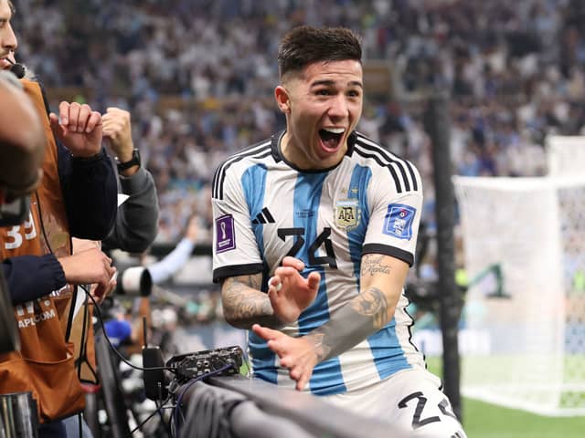 Enzo Fernandez of Argentina celebrates the team’s third goal scored by Lionel Messi during the FIFA World Cup Qatar 2022  (Photo by Julian Finney/Getty Images)