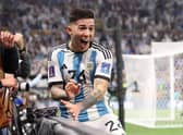 Enzo Fernandez of Argentina celebrates the team’s third goal scored by Lionel Messi during the FIFA World Cup Qatar 2022  (Photo by Julian Finney/Getty Images)