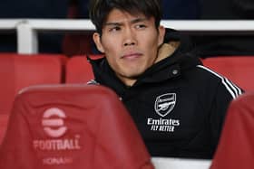 Takehiro Tomiyasu of Arsenal before the Premier League match between Arsenal FC and West Ham United at Emirates  (Photo by David Price/Arsenal FC via Getty Images)