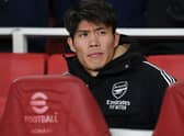 Takehiro Tomiyasu of Arsenal before the Premier League match between Arsenal FC and West Ham United at Emirates  (Photo by David Price/Arsenal FC via Getty Images)