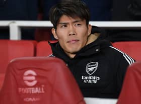 Takehiro Tomiyasu of Arsenal before the Premier League match between Arsenal FC and West Ham United at Emirates  (Photo by David Price/Arsenal FC via Getty Images)
