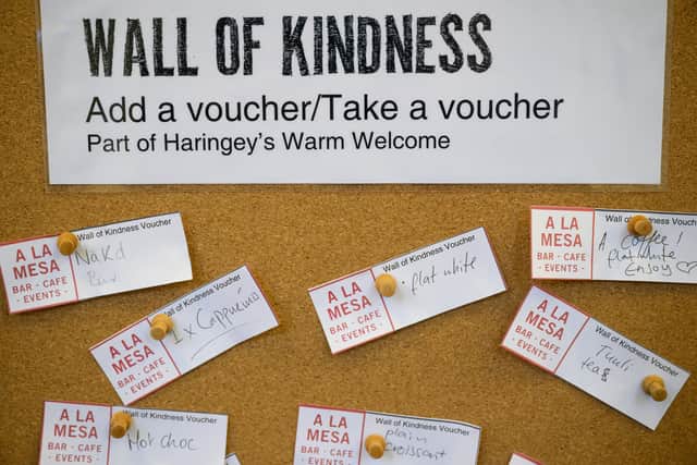 Vouchers on Haringey warm bank’s Wall of Kindness. Photo: Getty