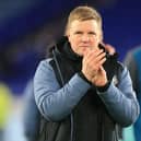 Newcastle United’s English head coach Eddie Howe applauds supporters on the pitch after the English Premier League football match (Photo by LINDSEY PARNABY/AFP via Getty Images)