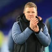 Newcastle United’s English head coach Eddie Howe applauds supporters on the pitch after the English Premier League football match (Photo by LINDSEY PARNABY/AFP via Getty Images)