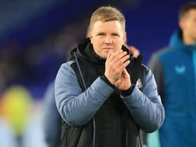 Newcastle United’s English head coach Eddie Howe applauds supporters on the pitch after the English Premier League football match (Photo by LINDSEY PARNABY/AFP via Getty Images)