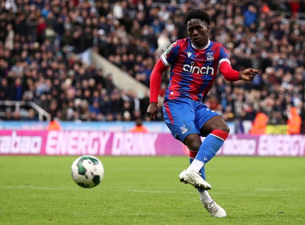 <p>Malcolm Ebiowei of Crystal Palace takes their sides fifth penalty which is saved by Nick Pope of Newcastle United  (Photo by George Wood/Getty Images)</p>