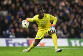 Edouard Mendy of Chelsea passes the ball during the UEFA Champions League group E match between Chelsea FC and Dinamo Zagreb 