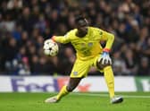 Edouard Mendy of Chelsea passes the ball during the UEFA Champions League group E match between Chelsea FC and Dinamo Zagreb 
