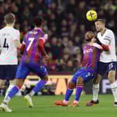 Jordan Ayew of Crystal Palace battles for possession with Eric Dier of Tottenham Hotspur during the Premier League match  (Photo by Warren Little/Getty Images)