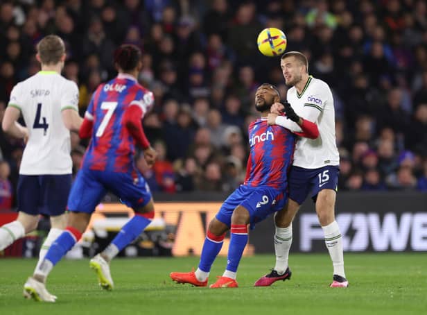 <p>Jordan Ayew of Crystal Palace battles for possession with Eric Dier of Tottenham Hotspur during the Premier League match  (Photo by Warren Little/Getty Images)</p>