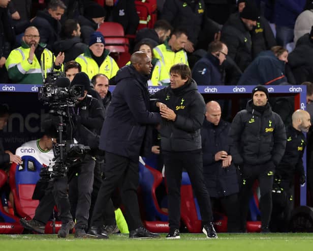 Antonio Conte, Manager of Tottenham Hotspur embraces Patrick Vieira, Manager of Crystal Palace, after the Premier League match 