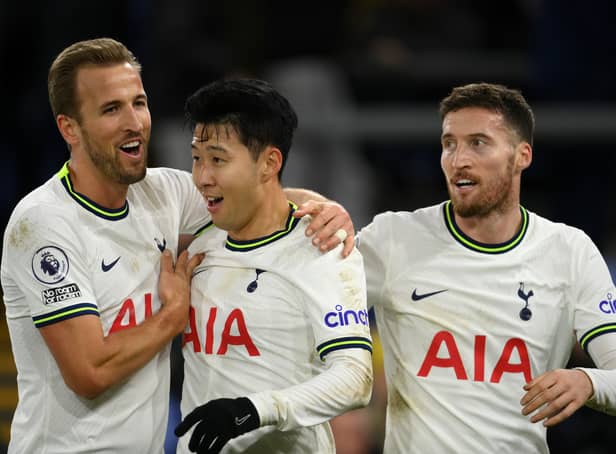 <p>Spurs three goal scorers celebrate after 4-0 win over Crystal Palace</p>
