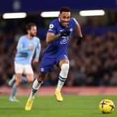 Pierre-Emerick Aubameyang of Chelsea chases the loose ball during the Premier League match between Chelsea FC and Manchester City