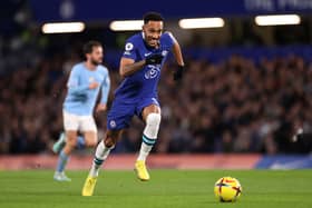 Pierre-Emerick Aubameyang of Chelsea chases the loose ball during the Premier League match between Chelsea FC and Manchester City