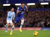 Pierre-Emerick Aubameyang of Chelsea chases the loose ball during the Premier League match between Chelsea FC and Manchester City